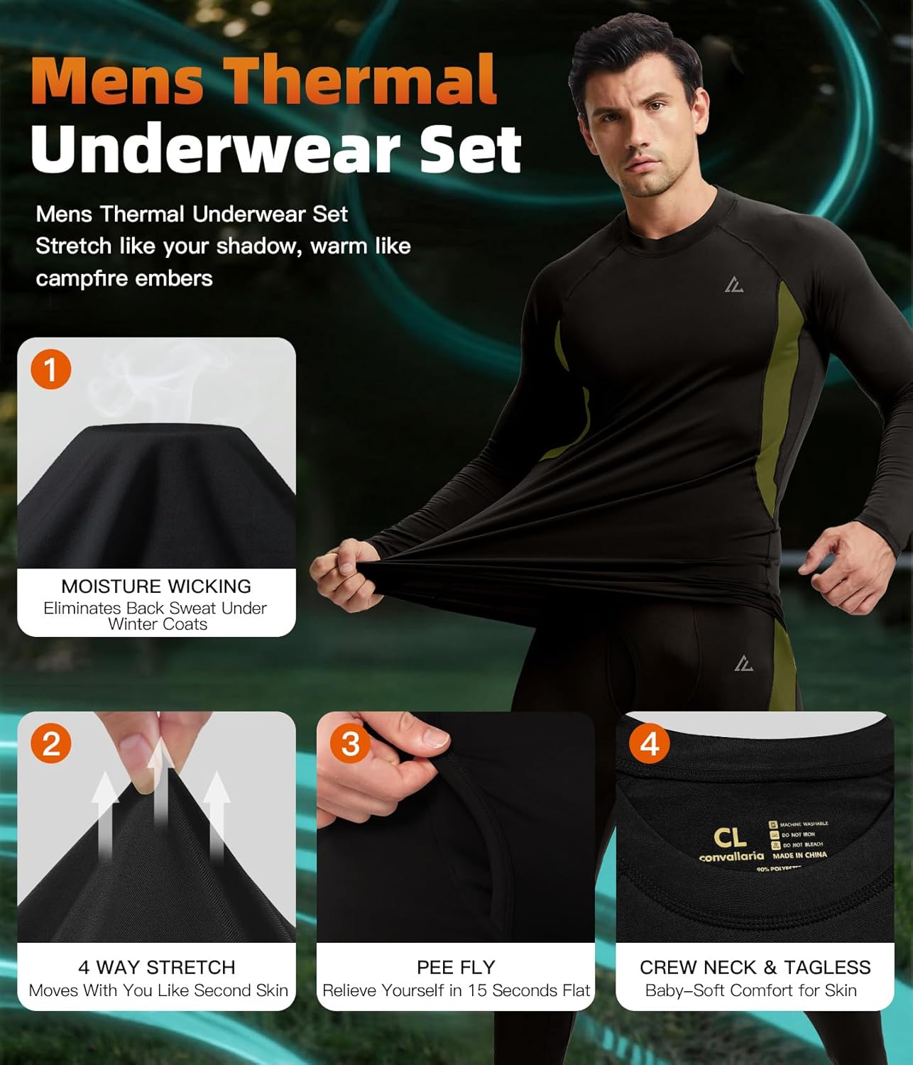 CL convallaria Thermal Underwear Long Johns Set Mens Winter Gift Hunting Gear Sport Base Layer Bottom Top - Colors A