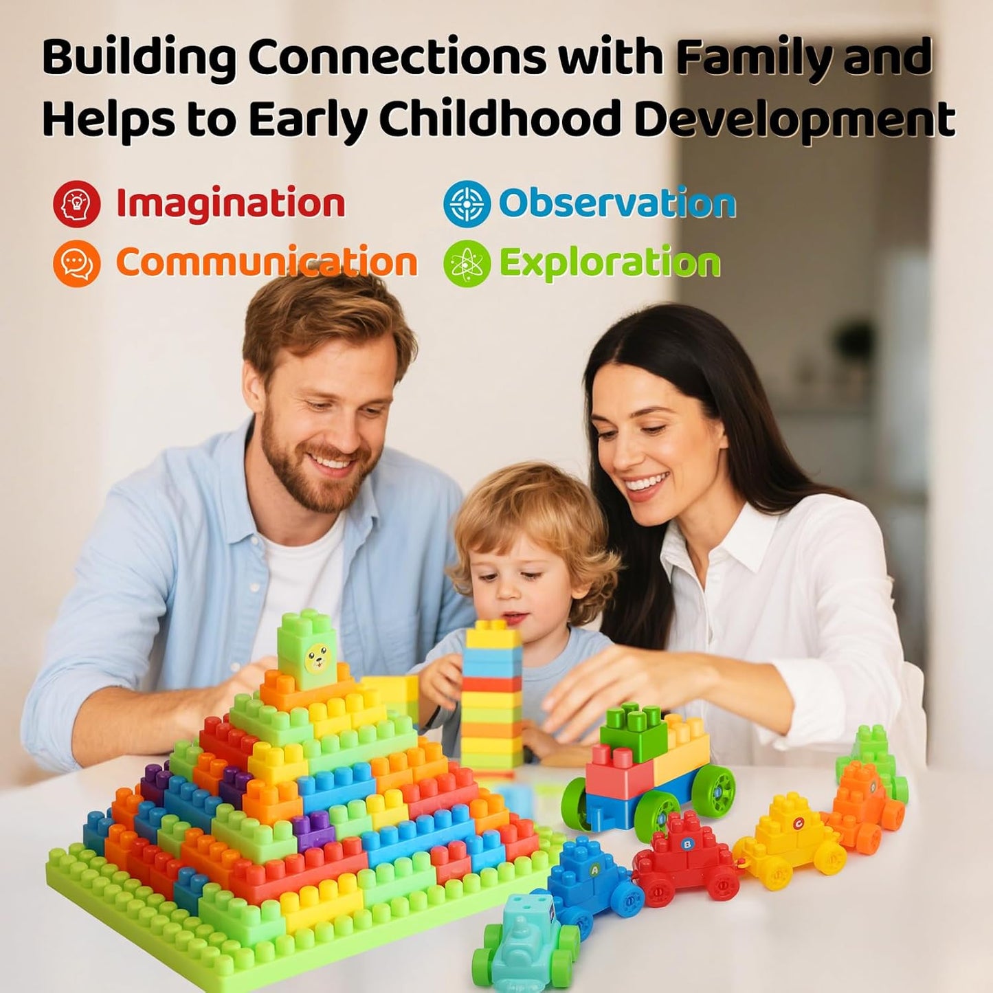 2025 Latest 177 PCS 1 * 1-1 * 3 Inch Large Building Blocks for Toddlers Ages – Brick Set with Cars & Baseplate, Educational STEM Toy for Kids,1 2 3 4 5 6 Blocks (177psc+2 Boards)