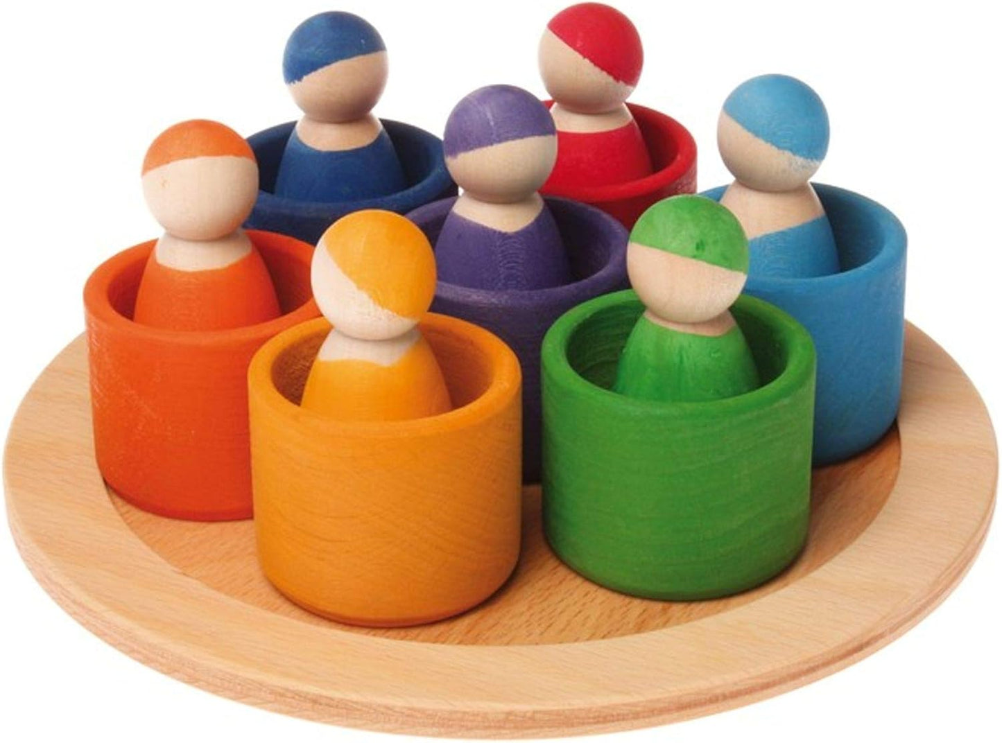 Grimm's Seven Friends in 7 Bowls: Set of Wooden Sorting & Matching Rainbow Peg Dolls with Little Cups and Tray