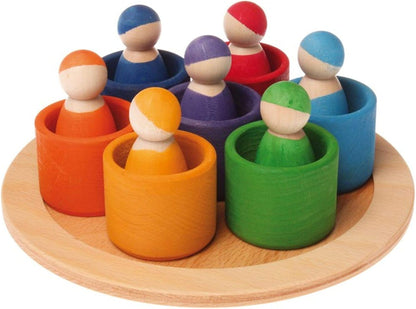 Grimm's Seven Friends in 7 Bowls: Set of Wooden Sorting & Matching Rainbow Peg Dolls with Little Cups and Tray