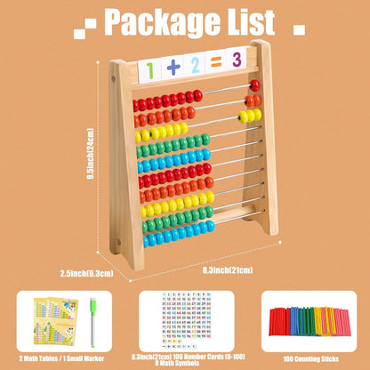 Wooden Abacus for Kids Math - 10-Row Counting Toy with 100 Beads, Number Cards & Counting Sticks, Educational Counters for Kids Math Gift for Age 3 4 5 6 7 Year Old Boy Girl