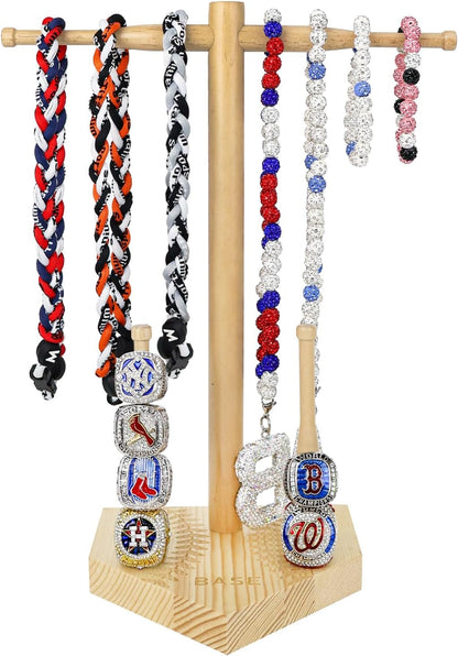 rain bunny Wooden Baseball or Softball Drip Necklace Organizer Holder, Championship Ring Display Holder, Softball Ring Holder, Drip Necklace Baseball Display Gift (Walnut Red)