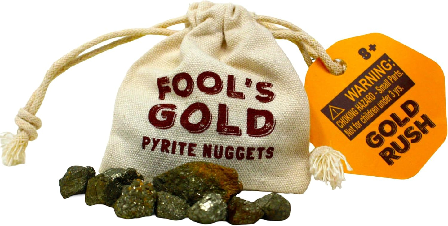Gold Rush Fool's Gold Pyrite Nuggets Bag | 11+ Crystals in Canvas Drawstring Pouch, Fun Prospecting & Collecting Kit, Pirate & Prospector Adventure