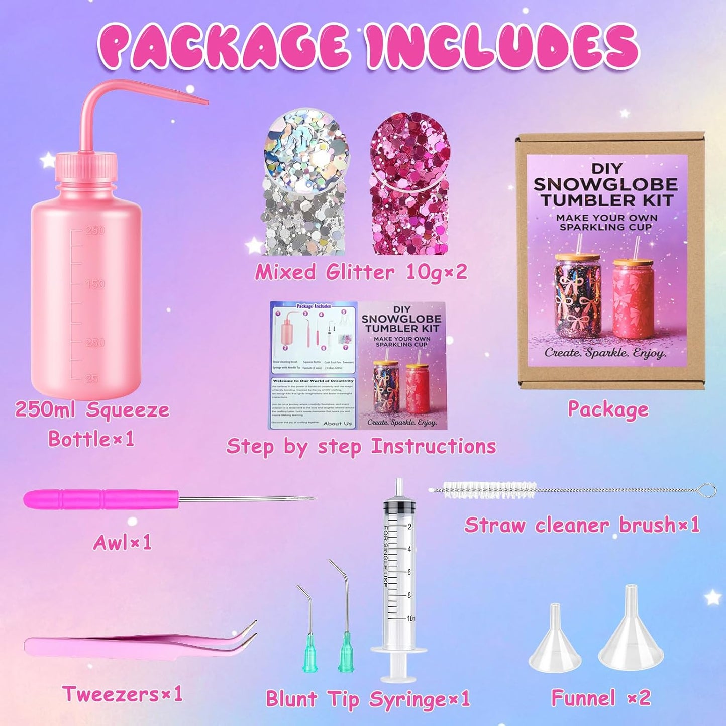 kiddgroo Snow Globe Tumbler Supplies, 25 Pcs DIY Snowglobe Cup Set– Includes 16oz Double-Wall Acrylic Tumbler, Cup Cradle, UV DTF Wraps, Craft Glitter & DIY Tools,Mothers Day Gifts