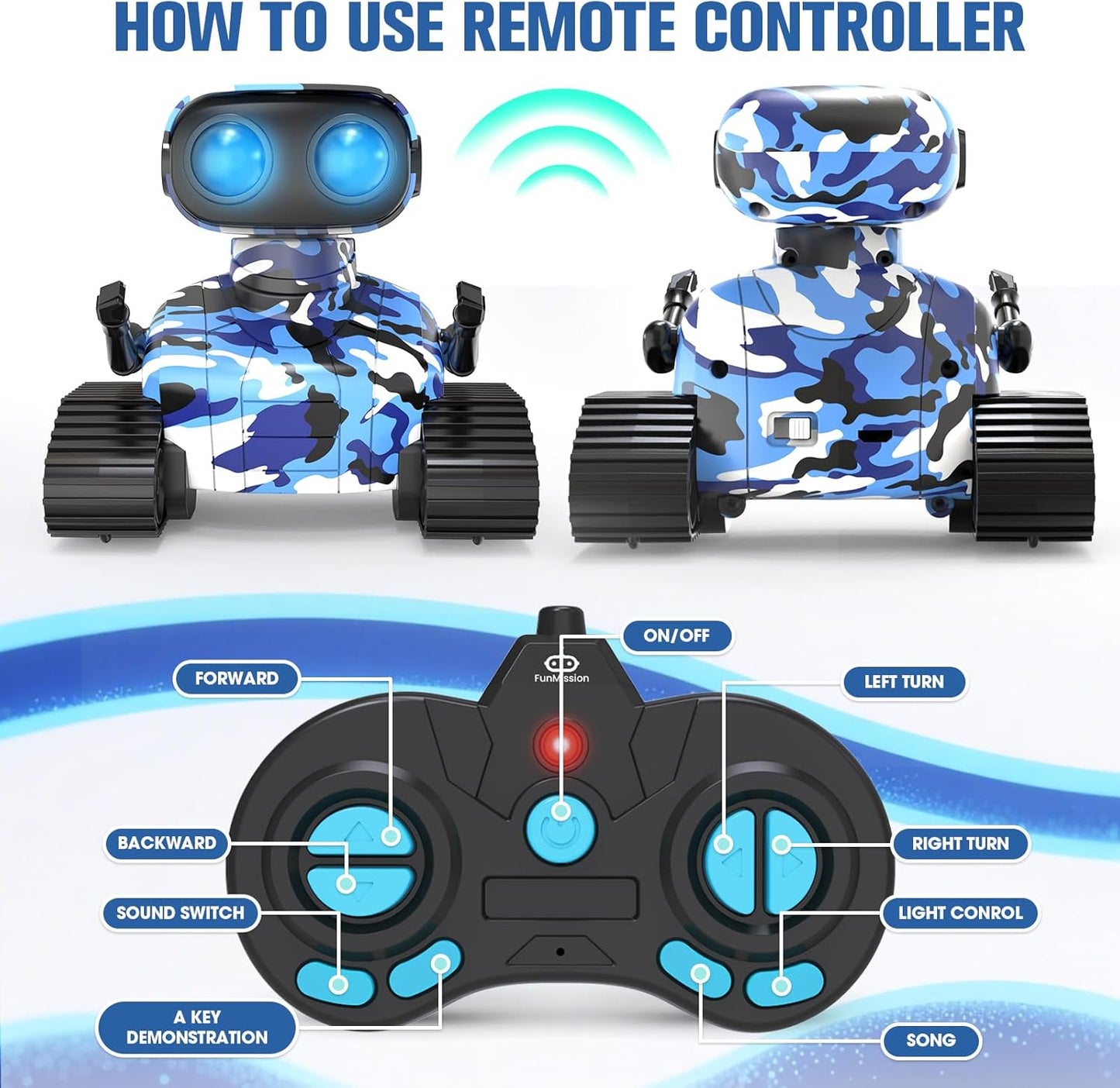 FunMission Robot Toys for Kids Boys Girls Emo Robots Remote Control Smart Robot with Auto-Demonstration LED Eyes Flexible Head & Arms for 3+ Years Old Kids