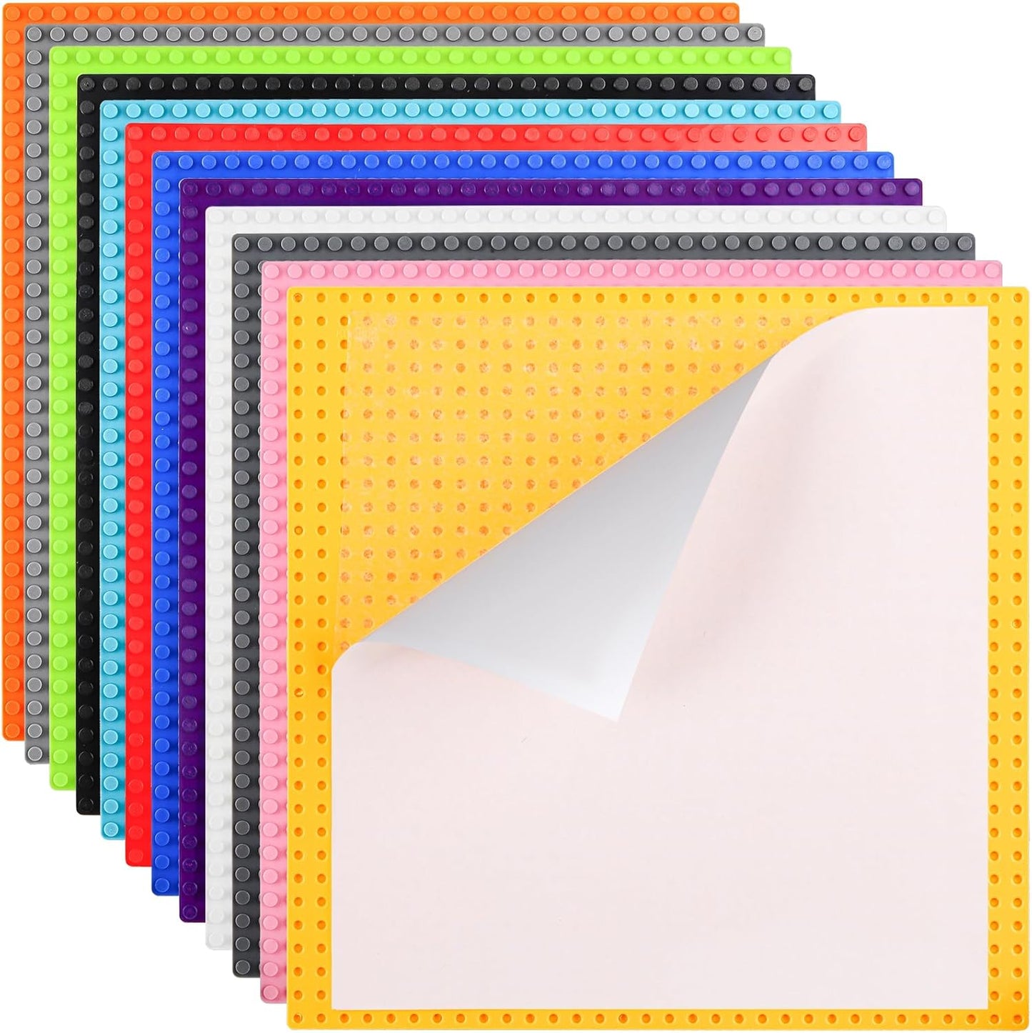 ZEAYEA 12 Pack Peel and Stick Baseplates, 10 x 10 Inch Self Adhesive Building Base, Compatible with Most Standard Bricks, Building Brick Plates for Activity Tables, Walls, 12 Colors