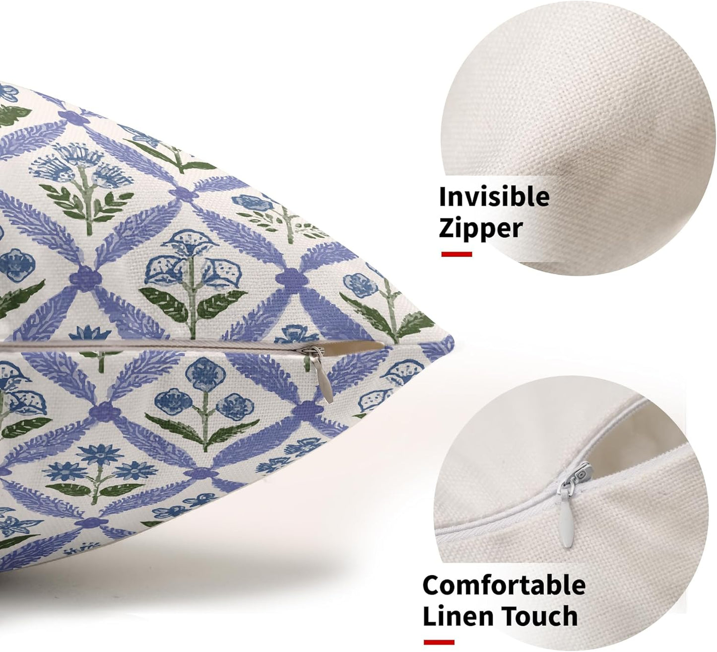 Blue Green Floral Block Print Pillow Covers 12X20 Set of 2, Flower Pattern Spring Summer Print Decorative Throw Pillow Covers Outdoor Farmhouse Seasonal Cushion Case Couch Sofa Bed Decor