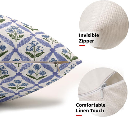 Blue Green Floral Block Print Pillow Covers 12X20 Set of 2, Flower Pattern Spring Summer Print Decorative Throw Pillow Covers Outdoor Farmhouse Seasonal Cushion Case Couch Sofa Bed Decor