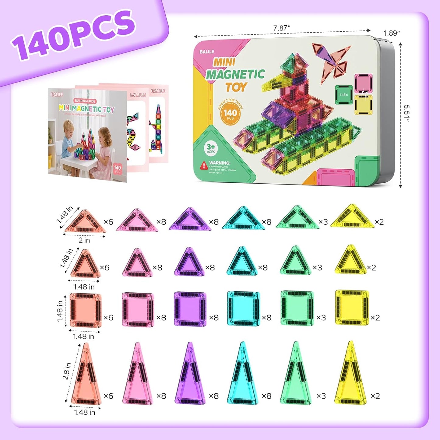BAIJLE 46PCS Mini Magnetic Tiles, for Kids, Portable Magnetic Toys Travel Set with Iron Case for Kids Ages 4-8,Creativity Boosting Building Toys Set,Toddler Puzzle for Boys and Girls Ages 3+