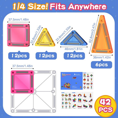 BunnyBoo Mini Magnetic Tiles, 42PCS Travel Magnetic Building Toys with Case, Educational Portable STEM Sensory Toys for Kids Ages 3+, Creativity Boosting Gift for Toddler Boys Girls Christmas Birthday