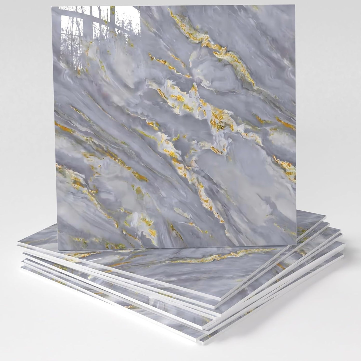 20-Pack Peel and Stick Gilded White Marble Tiles (11.8" x 11.8") – 19.4 Sq. Ft. Waterproof PVC Shower & Backsplash Tiles for Bathroom, Kitchen, and Living Room – Self-Adhesive, Easy Installation