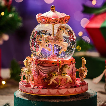 Carousel Horse Music Box Snow Globe, Light Up Pink Unicorn Design, Christmas Decor, Birthday, Valentine's Day Gift for Girls/Women Kids