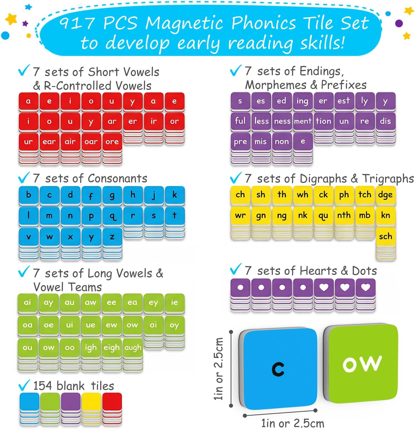 Simply Magic 910 PCS Magnetic Phonics Tiles Set & 1138 PCS Colorful Poetry Magnets Kit