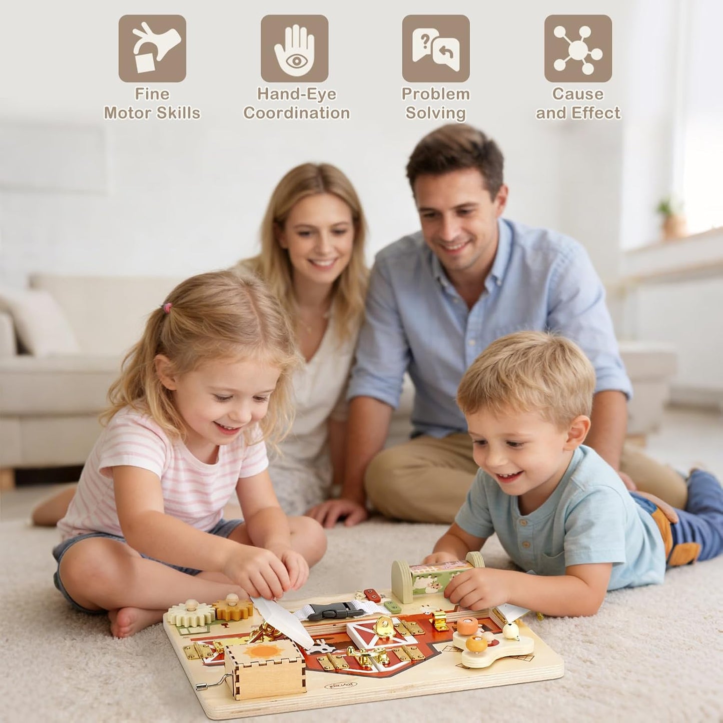 Joyreal Wooden Montessori Busy Board for 1 2 3 Year Old Toddlers, Farm Themed Sensory Toys for Kids, Fine Motor Skills Activity Board with Music Box & Latches, Learning Toys Gift for Autistic Children