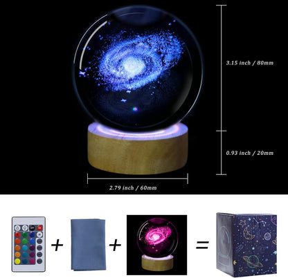 3D Solar System Crystal Ball Night Light with 16 Color LED Wooden Base, Upgraded 3.15 Inch Galaxy Planets Glass Ball Lamps with Remote for Birthday Christmas, Astronomy Space Gifts for Boys Girls