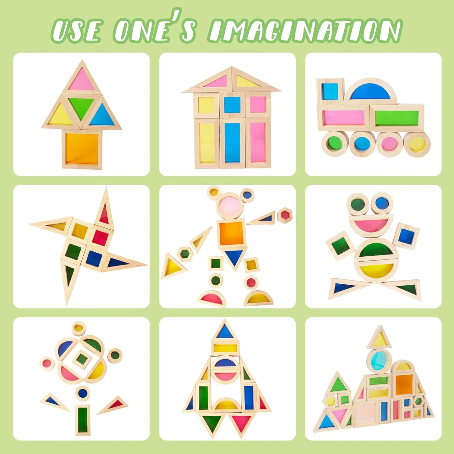 WOODENFUN Wood Building Blocks Set for Kids, 32 Pcs Rainbow Stacker Stacking Game Construction Toys Set Preschool Colorful Learning Educational Toys, Geometry Wooden Blocks for Boys Girls