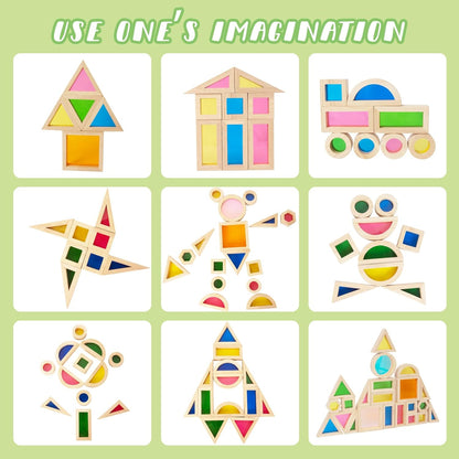 WOODENFUN Wood Building Blocks Set for Kids, 32 Pcs Rainbow Stacker Stacking Game Construction Toys Set Preschool Colorful Learning Educational Toys, Geometry Wooden Blocks for Boys Girls