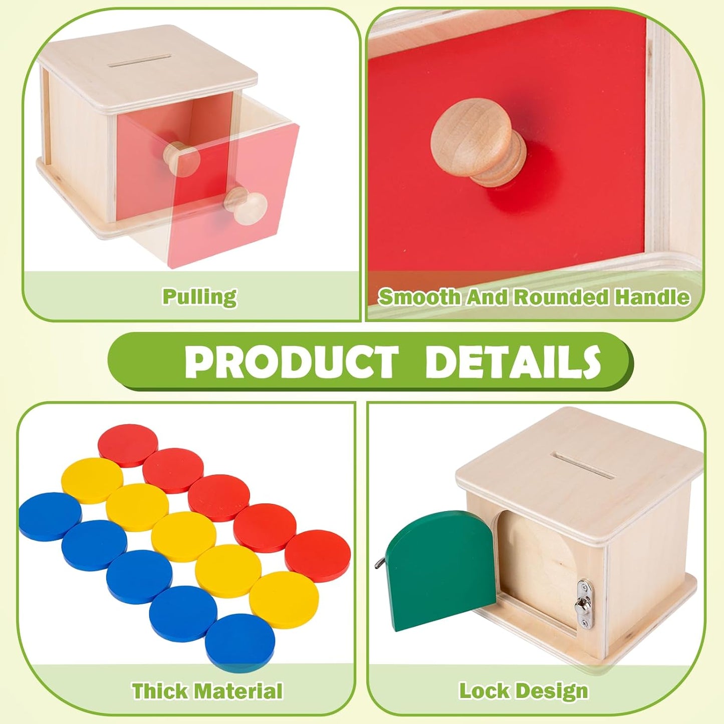 Adena Montessori Coin Box -Natural Wood Double-Sided Object Permanence Box Toy for 1-Year-Old Babies, Wooden Montessori Developmental Toy for 6-12 Month, Early Learning Gift