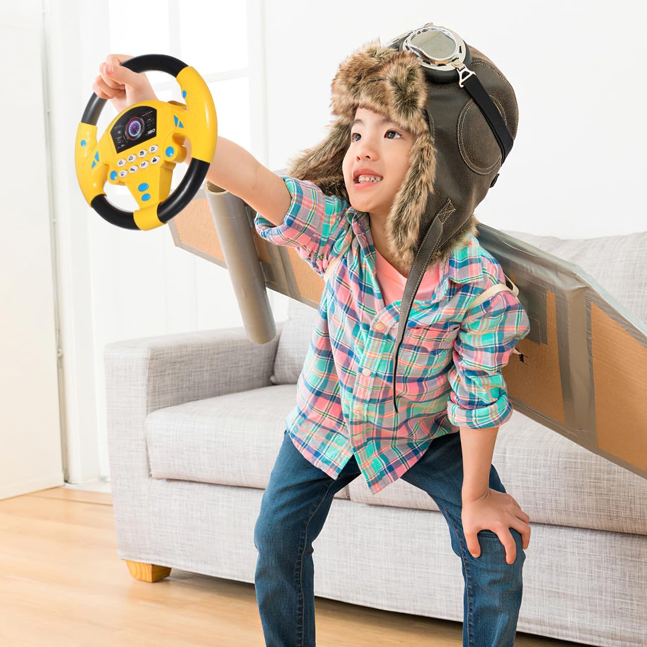 TOYANDON Kids Steering Wheel - Toddler Steering Wheel Toy, Simulated Driving Racing Car Game Controller, Pretend Driving Toy with Light and Music Electric Sounding Effects for Boys Girls (No Battery)