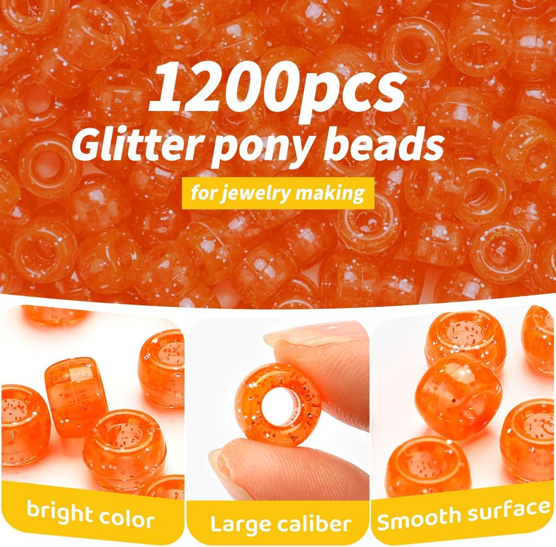 1200pcs Pony Beads Bulk – 11 Colors 6x9mm Plastic Craft Beads for Bracelets, Jewelry, Hair Braiding & DIY Projects