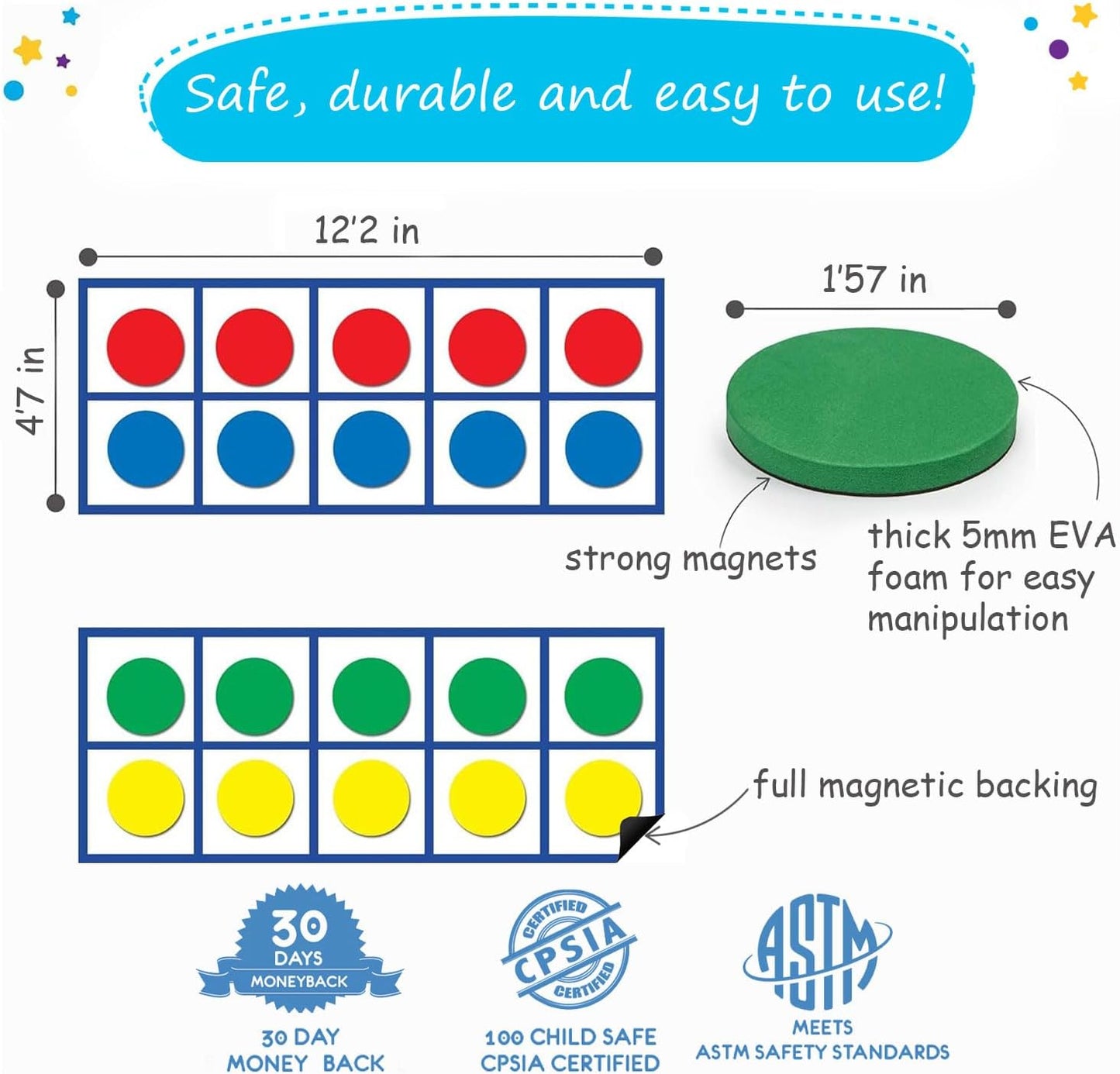 70 PCS Magnetic Ten Frames - Math Manipulatives for Elementary Classroom & Kindergarten - 4 Ten Frames & 44 Math Counters for Kids, Math Games for Kindergarten - Jumbo Magnetic Ten Frame Set
