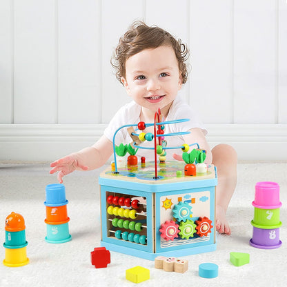 Wooden Activity Cube for 1 Year Old Kids, Educational Learning Bead Maze for Toddler Age 1-3, Developmental Montessori Toys for 12-36 Months Boys Girls Gift