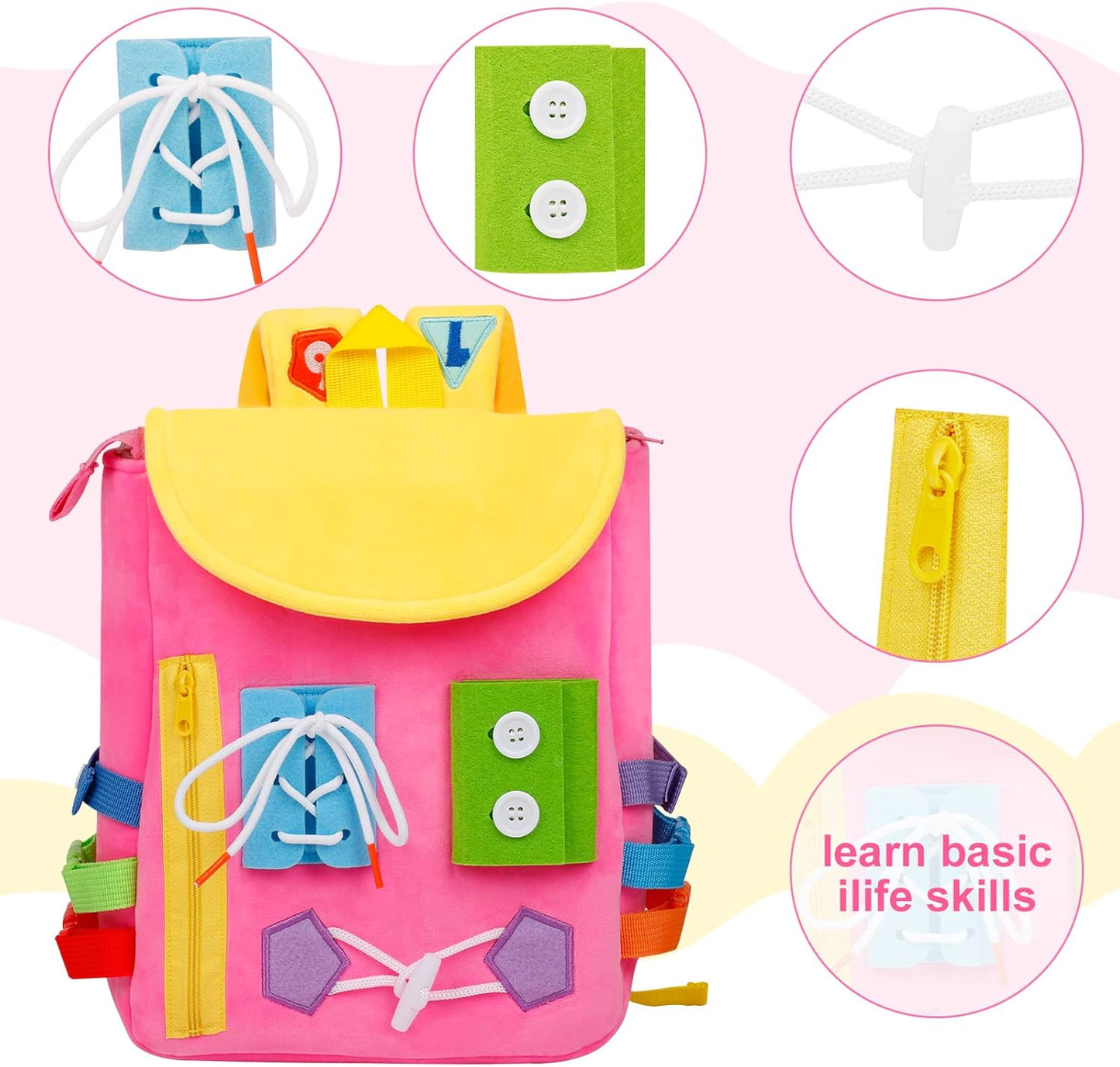 Busy Board - Toddler Backpack with Buckles and Learning Activity Toys - Develop Fine Motor Skills and Basic Life Skills - Learn to Tie Shoes - Children's Travel Toy