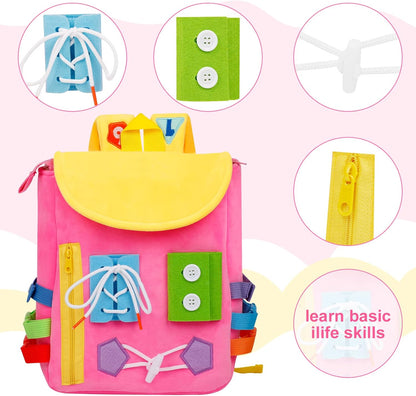 Busy Board - Toddler Backpack with Buckles and Learning Activity Toys - Develop Fine Motor Skills and Basic Life Skills - Learn to Tie Shoes - Children's Travel Toy