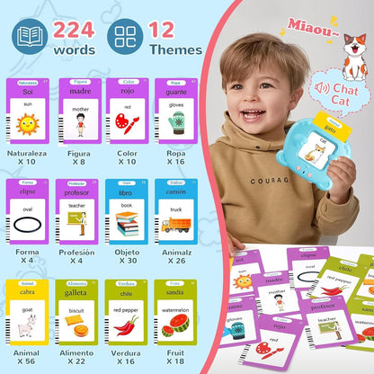 Spanish & English Talking Flash Cards for Toddler, Bilingual Flash Cards Learning Montessori Toys with 224 Sight Words, Speech Therapy Toys for Children Sensory Preschool Education