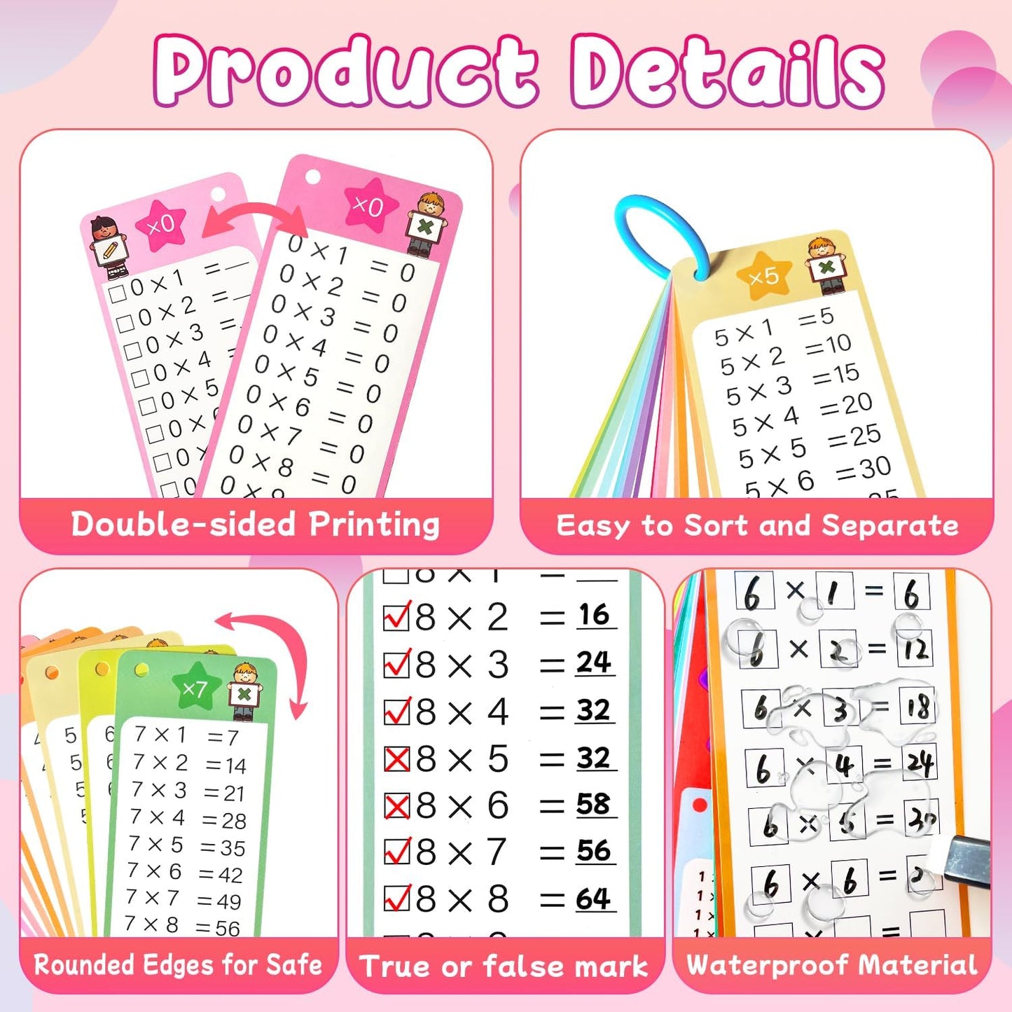 Multiplication Flash Cards 0-12, 15PCS Times Table Flash Cards Chart, with Dry Erase Markers Sorting Ring, 1st, 2nd, 3rd Grades Educational Math Multiplication Game for Kids Classroom Home