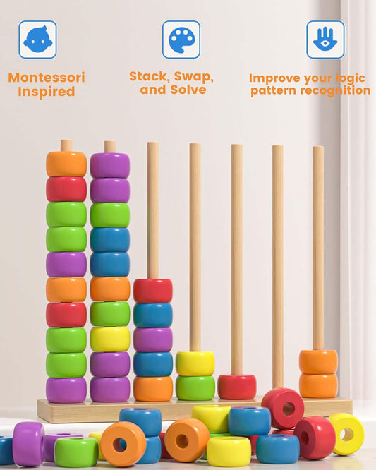 Color Pile Up Challenge, Color Matching Stacking Puzzle Game, Wooden Color Match Challenge Game, Rainbow Ring Challenge Stack Puzzle, Easter Basket Stuffers, Tabletop Brain Games For Family (L-2SET)