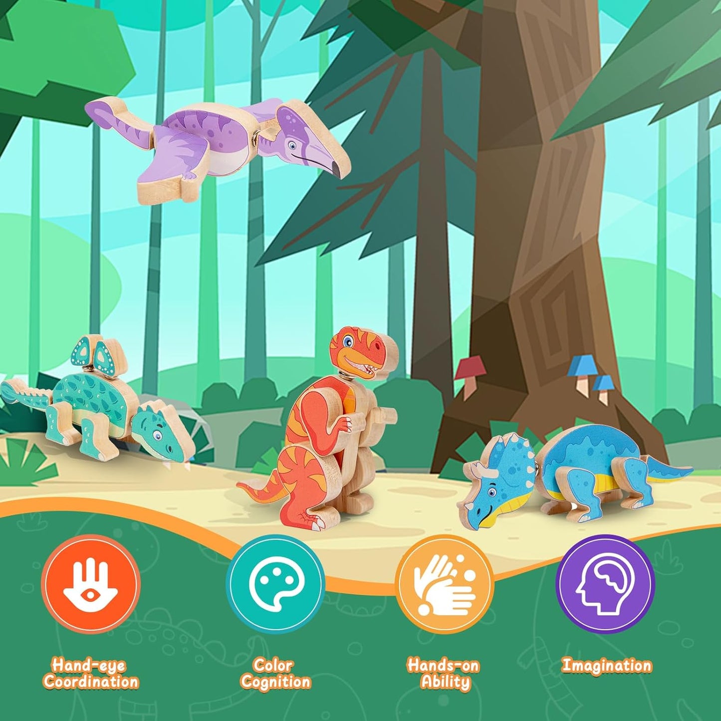 Wooden Dinosaur Blocks, Snap Together Building Toys, Dinosaur Take Apart Toy Playset for Kids, Fine Motor Skill STEM Learning Toys for Toddlers Gift for 3 4 5 6 Years Kids
