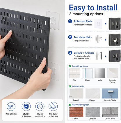 Pegboard Wall Organizer Kit – Heavy Duty 20lbs Load Bearing, Easy Installation, 4 Peg Board Panels 14 Accessories – Multi-Surface Use For Garage, Office, Kitchen & Crafts (White Pegboard,24″×24″)