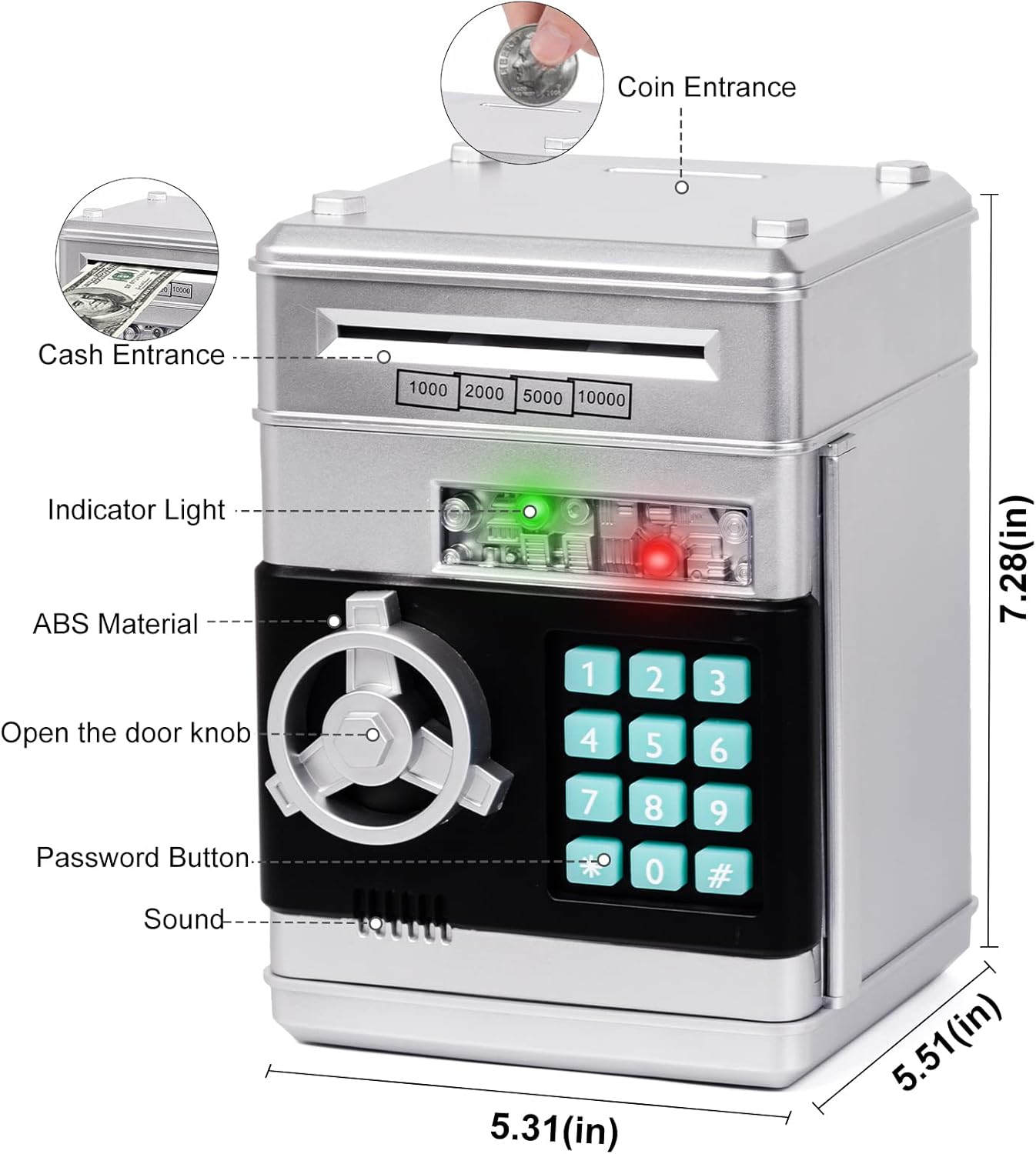 Refasy Piggy Bank Cash Coin Can ATM Bank Electronic Coin Money Bank for Kids Age 3-12, Money Savings Box Mini ATM Coin Bank Toys Gifts for 3 4 5 6 7 8 9 10 11 12 Year Old Boys Girls