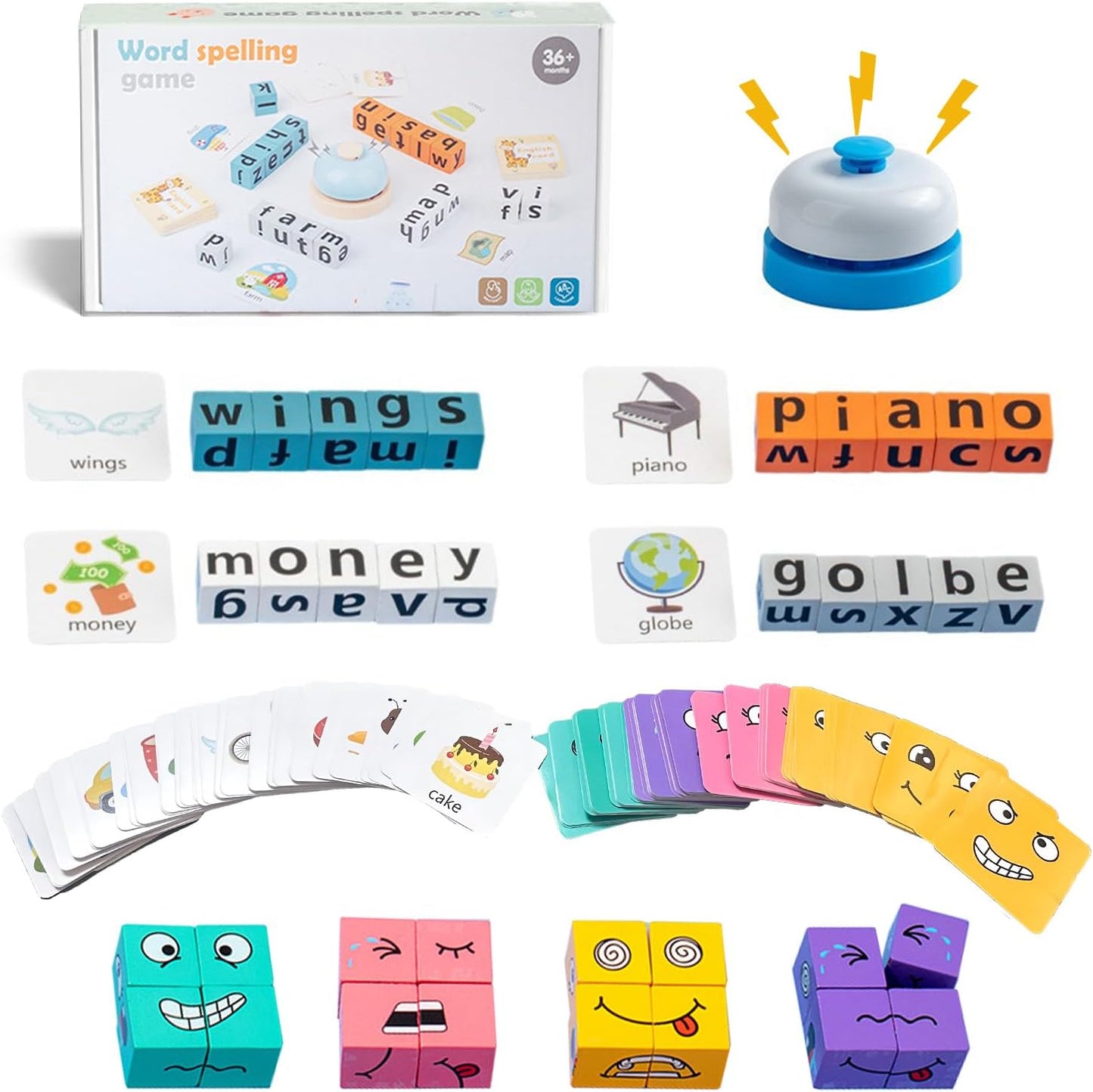 Face Changing Building Block Word Spelling Game Two-Piece Set，Wooden Expression Letter Puzzle Cubes Board Game,for Kids Ages 3+ Boys and Girls Educational Toy Gifts.