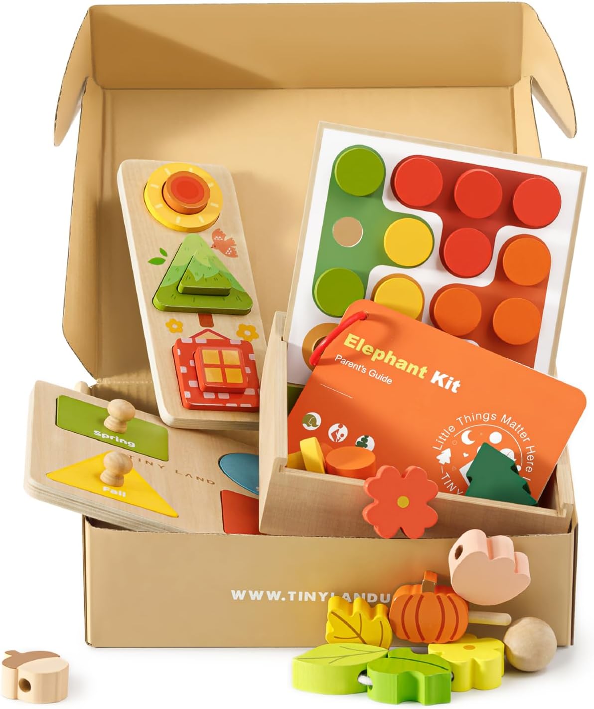Tiny Land Montessori Toy Set for Babies 7-9 Months Senser Play Kit - 5-in-1 Wooden Learning Toys with Object Permanence Box, Sensory Ball, Stacking Cups and Mirror Puzzle,Body Board Book