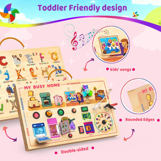 UdoUto Montessori Wooden Busy Board for Toddlers with LED Light Lights & Switches,Portable Activity Board for Car & Airplane Travel Toys, Christmas & Birthday Gift for 1-3 Year Old Boys & Girls
