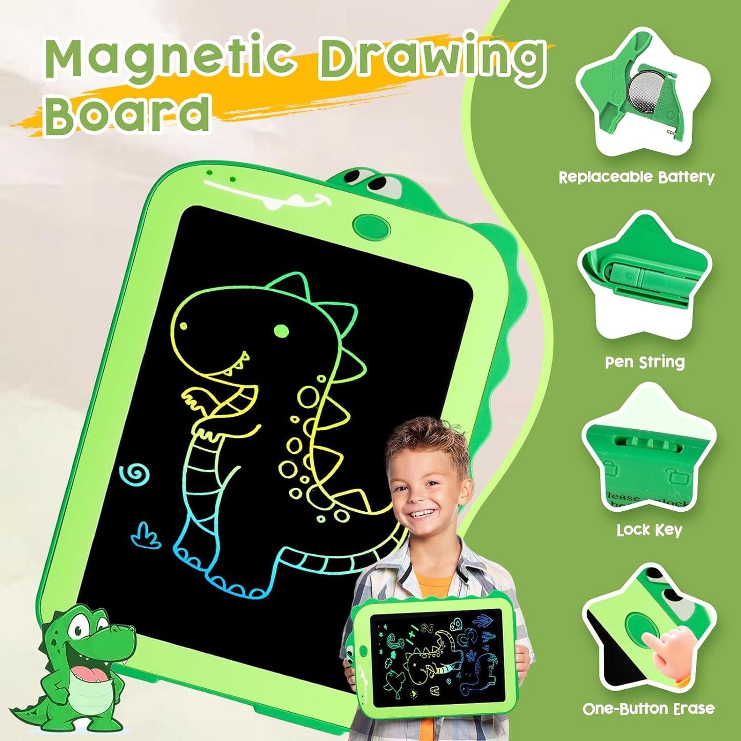 Teriph LCD Writing Tablet for Kids, Colorful Toddlers Toys Drawing Board, Educational Kid Toys, Doodle Pad Dinosaur Toy for 3 4 5 6 7 8 Year Old Boys Girls Birthday Party Xmas,8.5inch & Green