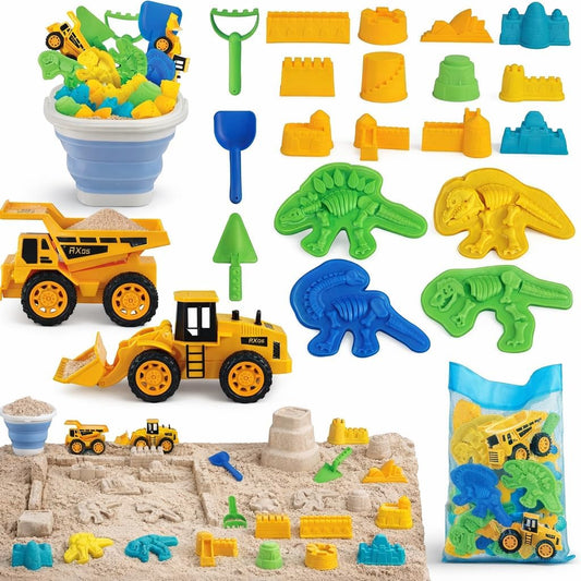 TOY Life 30 Pcs Dinosaur Fossil Beach Toys for Kids Ages 4-8 Collapsible Sand Toys with Dinosaur Toys Silicone Bucket Shovels & Dino Digging Building Kit Molds, Sandbox Toy for Summer, Travel