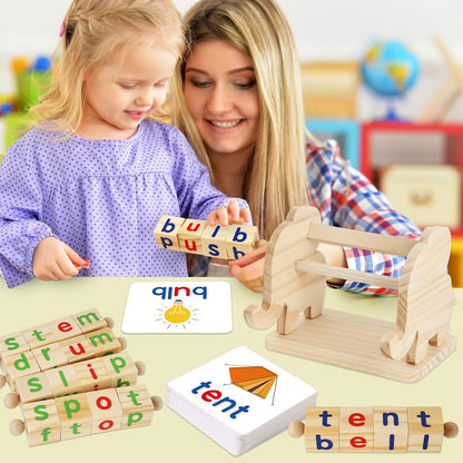 ShyLizard Montessori Learning and Educational Toys Gifts for Kids 3 4 5 Years, Wooden Reading Blocks Toys, Learning Activities for Preschool Kindergarten, Turning Rotating Matching Flash Card Games