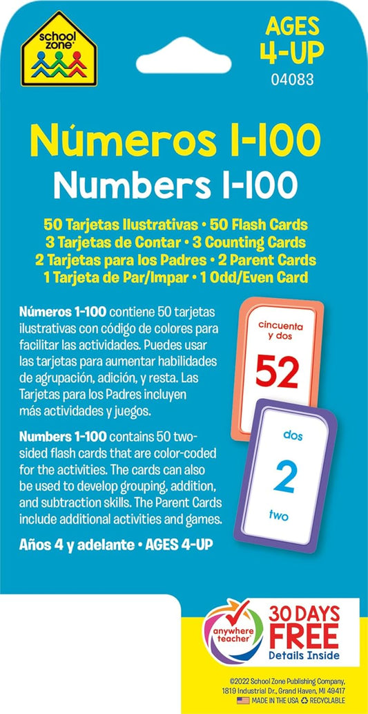 School Zone Spanish Numbers 1-100 Flash Cards: 56 Cards, Preschool, Kindergarten, Numeros 1-100 Tarjetas Ilustrativas, Bilingual, ESL, Language Immersion, Ages 4+ (Spanish/English Edition)