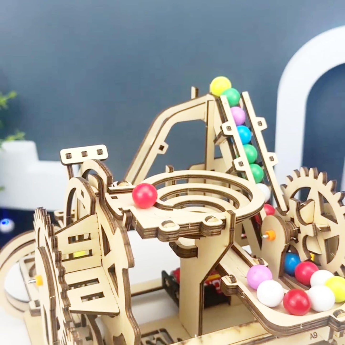 3D Wooden Roller Coaster Puzzle Motorized Marble Run Construction Kit with Gears and Tracks Mechanical Model Kit Laser Cut Wooden Pieces (Ages 14+)
