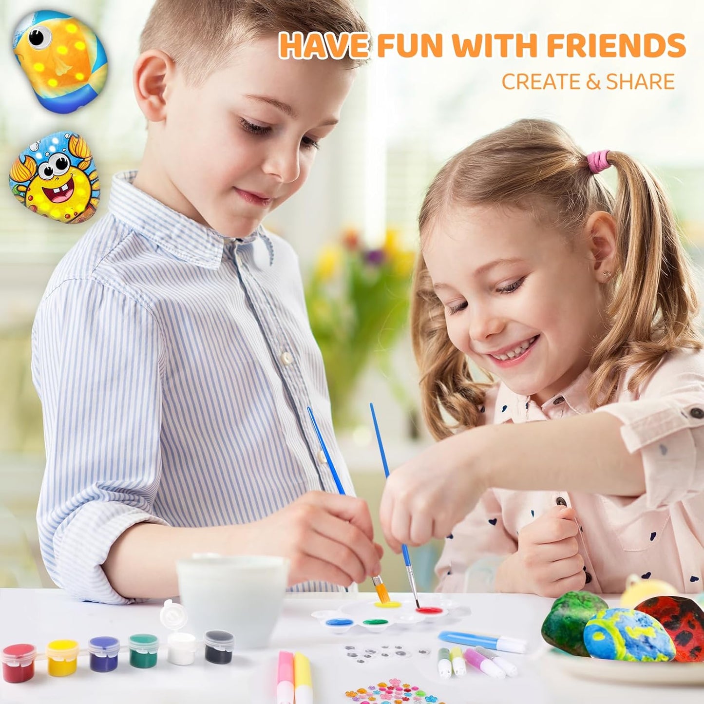 MindPal Kids Rock Painting Kit, 14 Pebbles for Painting - Glow in The Dark Rock Kit - Arts and Crafts for Kids Ages 6-12, Birthday Christmas Gift for Boys and Girls