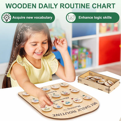 Wooden Chore Chart for Kids - Daily Visual Routine Schedule with 80 Task Cards & Sliding Buttons | Morning & Bedtime Responsibility Board for Toddlers Ages 3-5 | Montessori Educational Gift