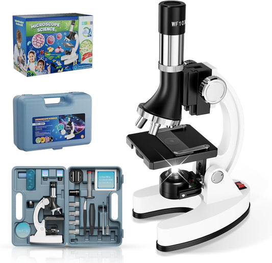 USCAMEL Kids Microscope Science Kit - 1200X Microscope for Kids 8-12 with Prepared Slides Metal Body LED Light Carrying Box Educational Compound Toy Set for Children Ages 5 Year Old Boys & Girls Gift