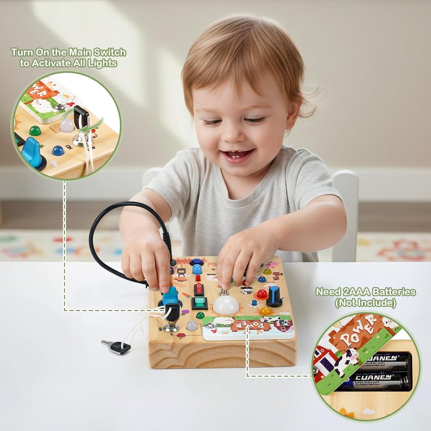 Sanlebi LED Busy Board for Toddlers 1-3,Montessori Toy with Key Switch, Light Up Wood Activity Sensory Board for Fine Motor Skills, Educational Travel Toy Gift for 1 2 3 Year Old Boys Girl