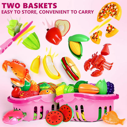 100 Pcs Play Food Set for Kids Kitchen, Pretend Food Toy for Toddlers Age 1-3, Plastics Cutting Fake Food/ Fruit/ Vegetable Accessories with 2 Baskets, Birthday Gifts for 2 3 4 5 Years Old Boys Girls
