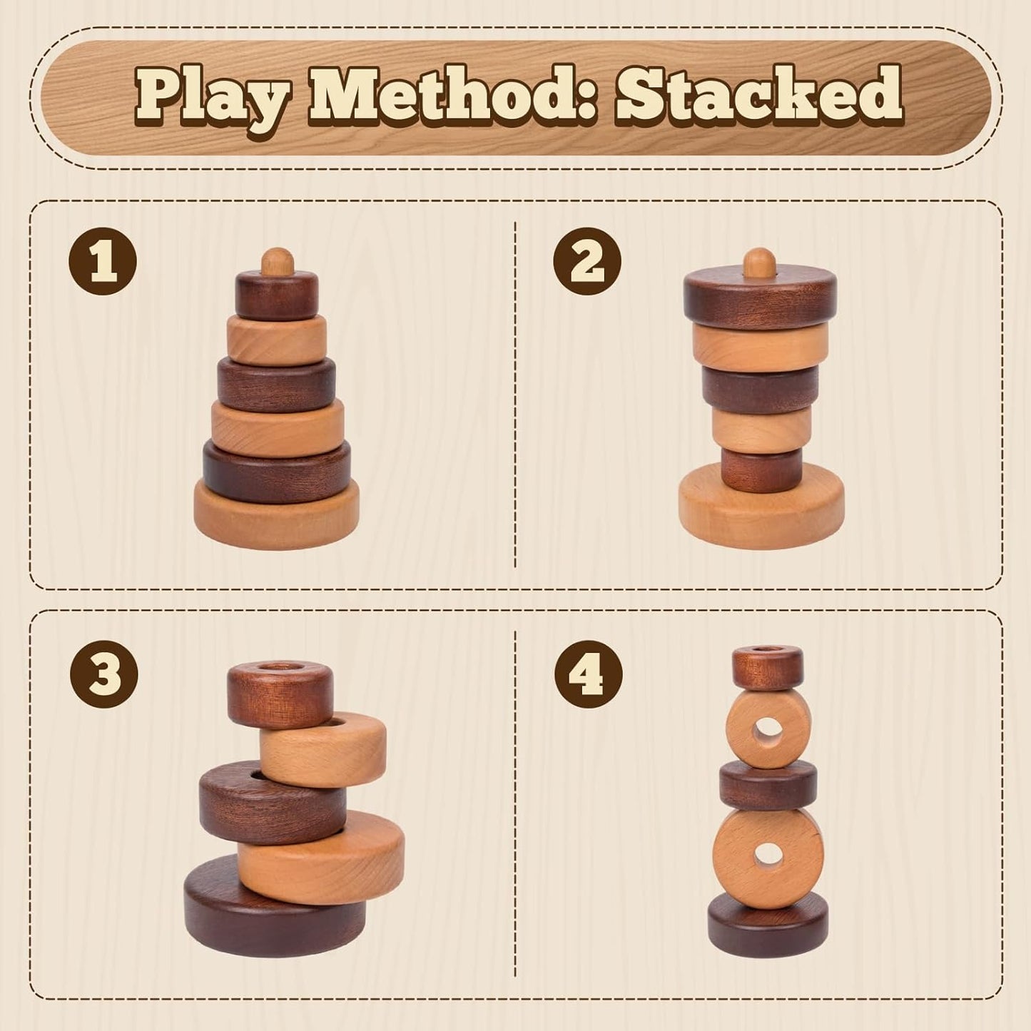 Adena Montessori Ring Wooden Stacking Toy,Montessori Geometric Stacker Wooden Educational Toy,Baby and Toddler Ages 12+ Months Shape Sorter and Stacking Toy, Stacking Tower Toy for Babies(Circle)