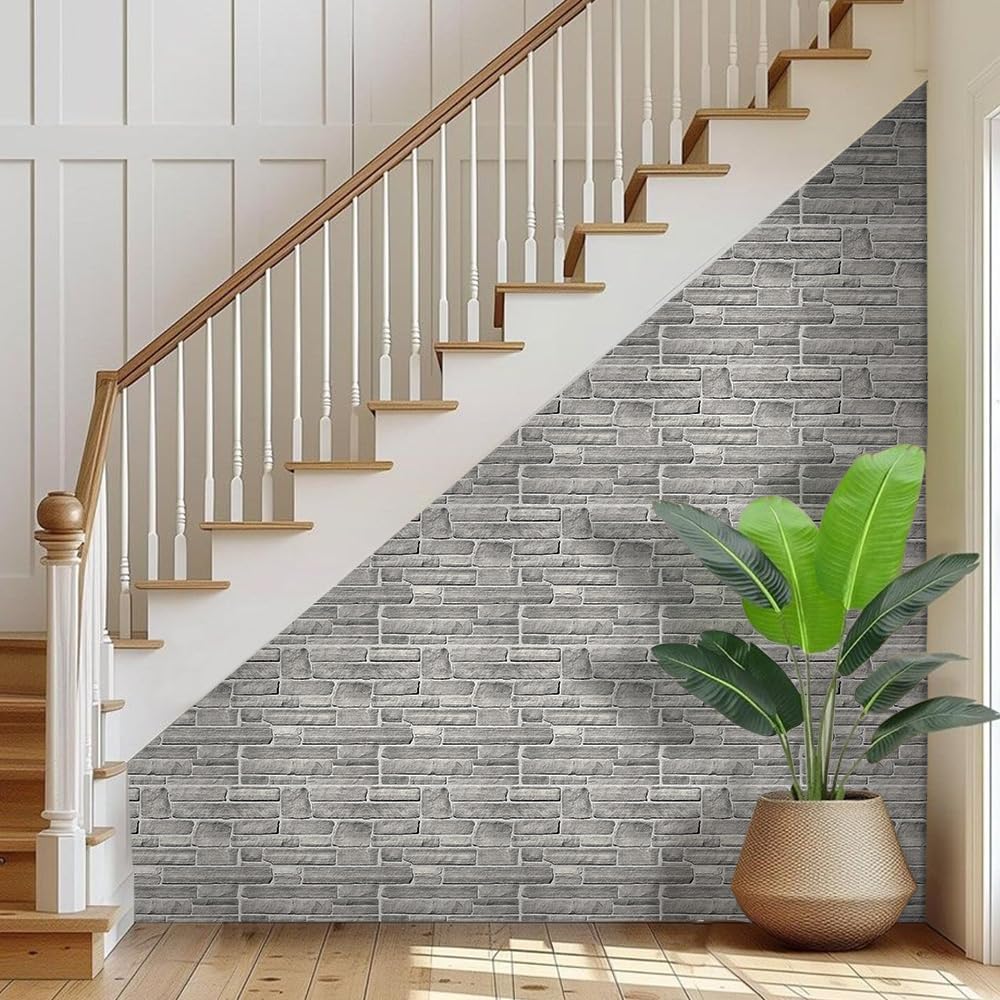COMSTICKC 3D Faux Gray Stone Wall Sticker Peel and Stick Wall Panels,10 Pcs of 12"X12",Ultra-Light Thin PVC Decorative Tiles Rocks Stone Backsplash Interior Decor,Paintable
