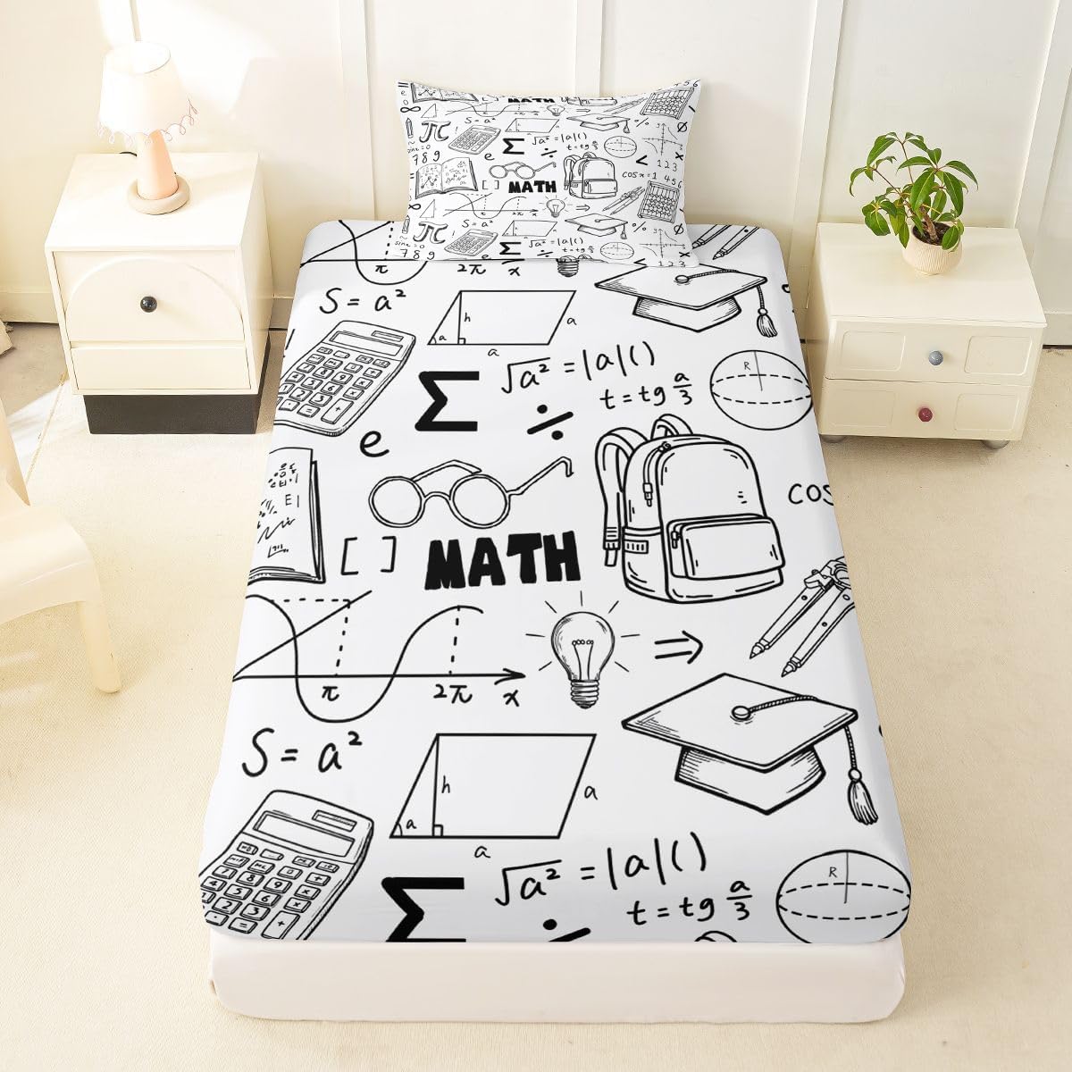 Erosebridal Chemistry Lab Fitted Sheet Twin Size Chemical Equation Bed Sheets for Boys Girls Chemical Elements Science Theme Bed Set Teens Kids Science Students Bedding Set School Dorm Room Decor